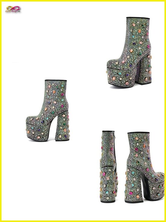 Shoes - Rhinestone Platform Boots with Chunky Heel - Sparkly Ankle Boots for Party &